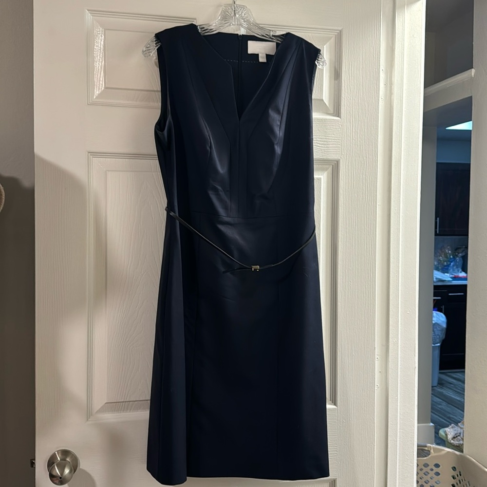 Hugo Boss Navy and Black Microstripe Belted Dress Size 10